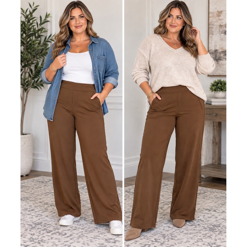 Halara High Waisted Wide Leg Work Pants XL Brown Stretch